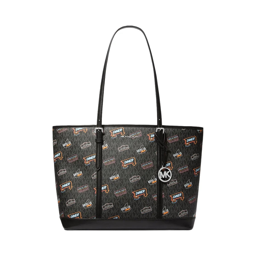 Michael Kors Jet Set Large Printed Signature Logo Tote Bag Black