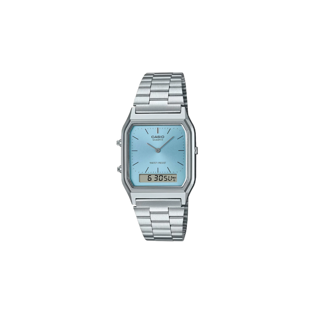 Casio Vintage AQ-230A-2A1MQYDF Quartz Ice Blue Dial Analog Digital Stainless Steel Watch