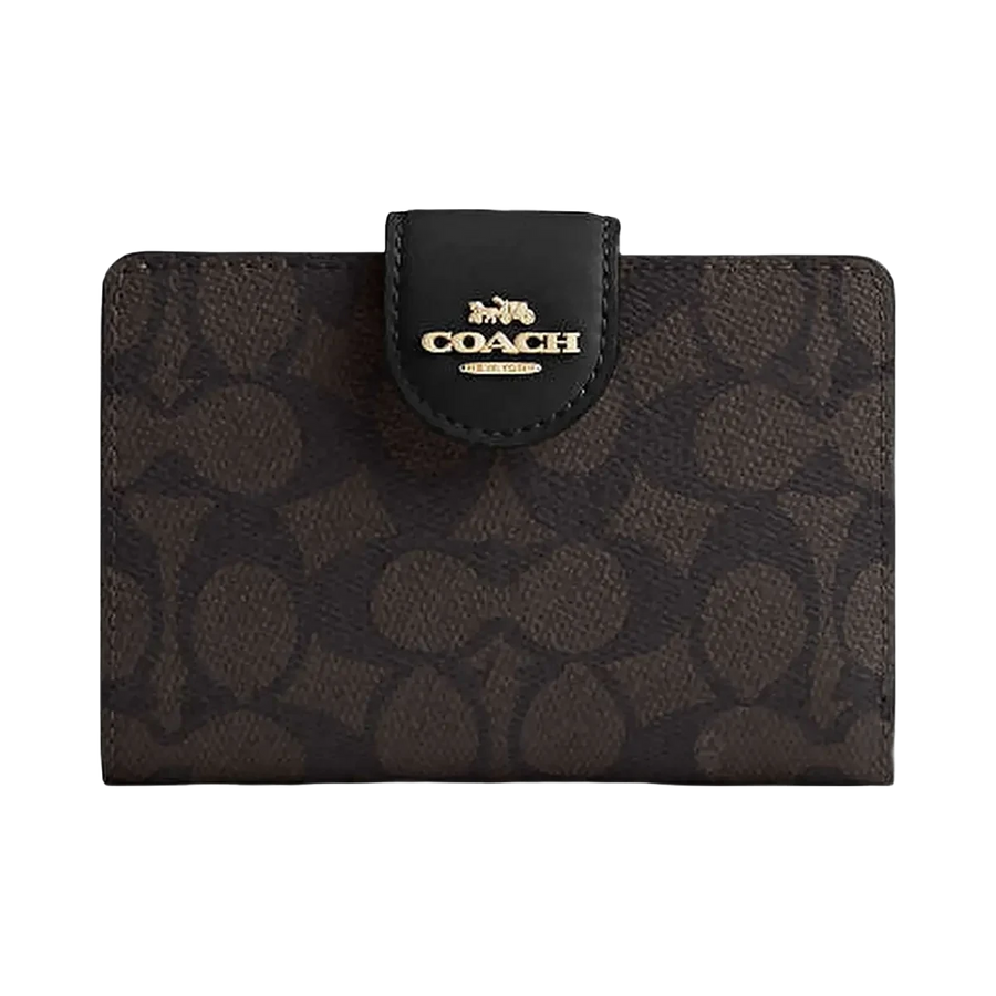 Coach Medium Corner Zip Wallet In Signature Canvas Signature Canvas-Gold-Walnut-Black