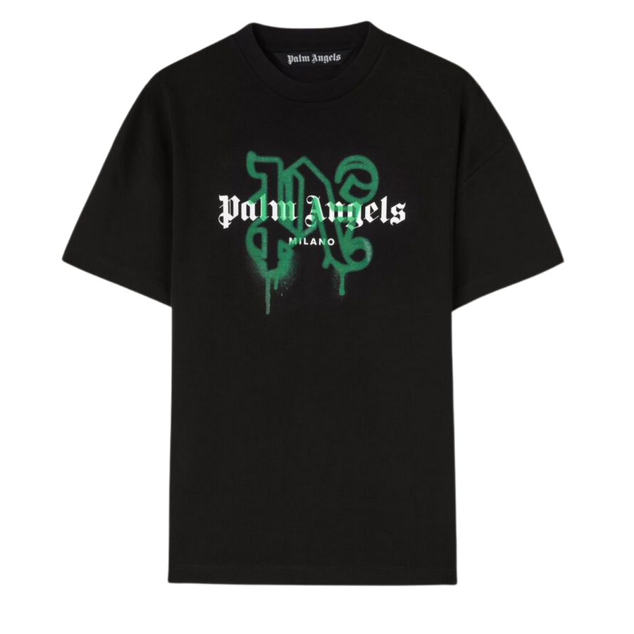 Palm Angels Milano Monogram Sprayed Logo T-Shirt In Black/Green Cotton