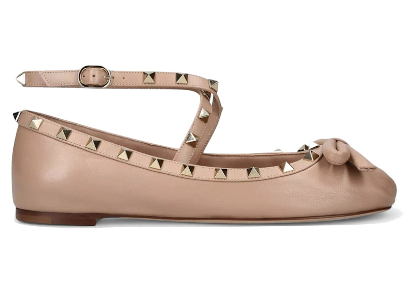 Valentino Garavani Rockstud Bow-Embellished Crossover-Strap Leather Ballet Flats Blush (Women's)