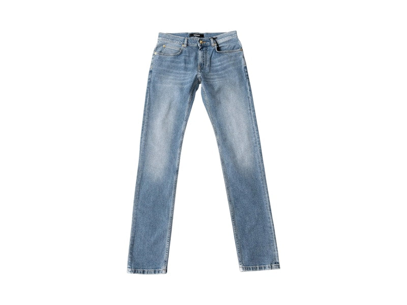 Versace Straight Leg Embroidered Logo Jeans Washed Light Blue