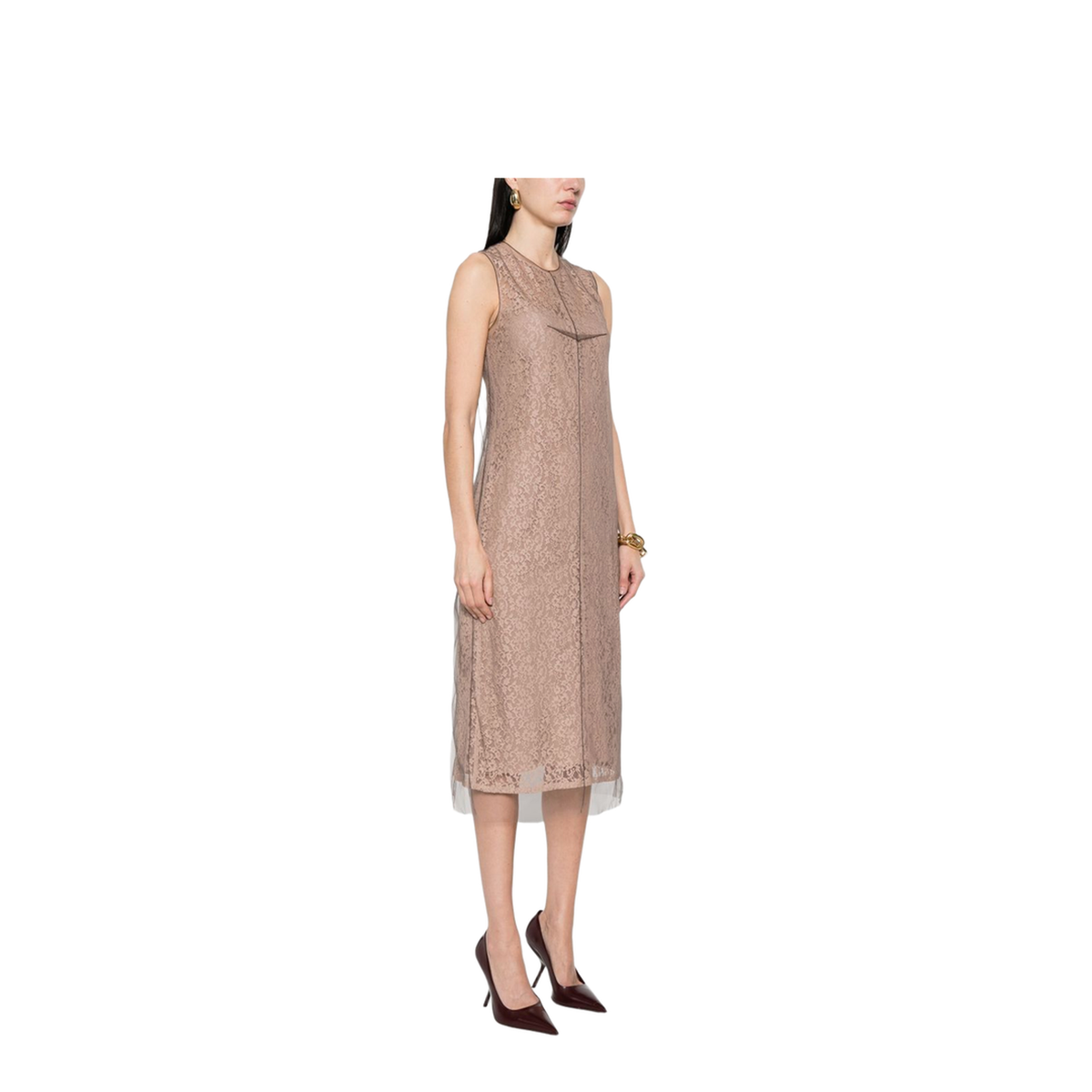Concealed Rear Hook and Zip Fastening Internal Slip Dress with Tulle Overlay and Rear Slit