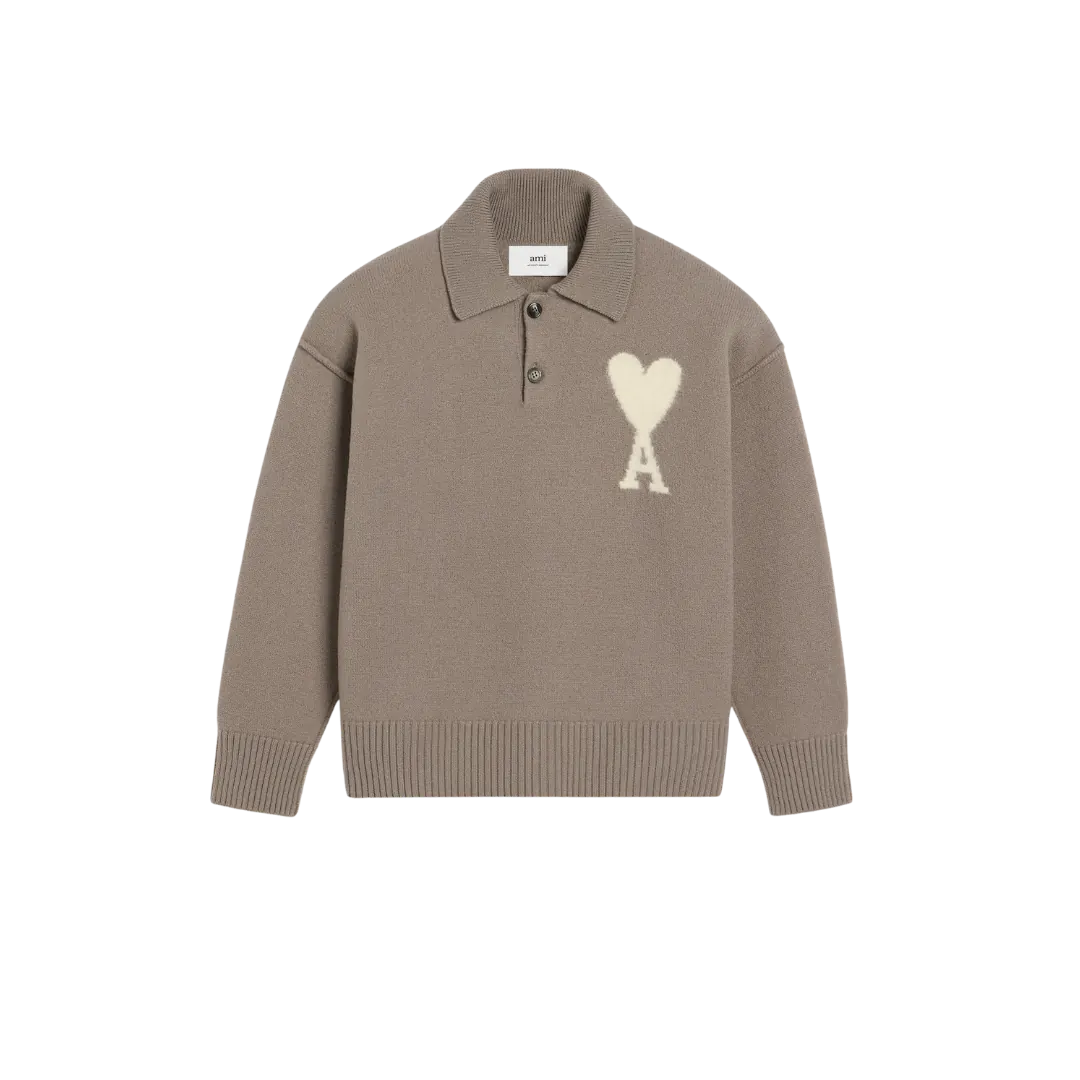 AMI Paris  TAUPE WOOL AMI DE COEUR POLO
