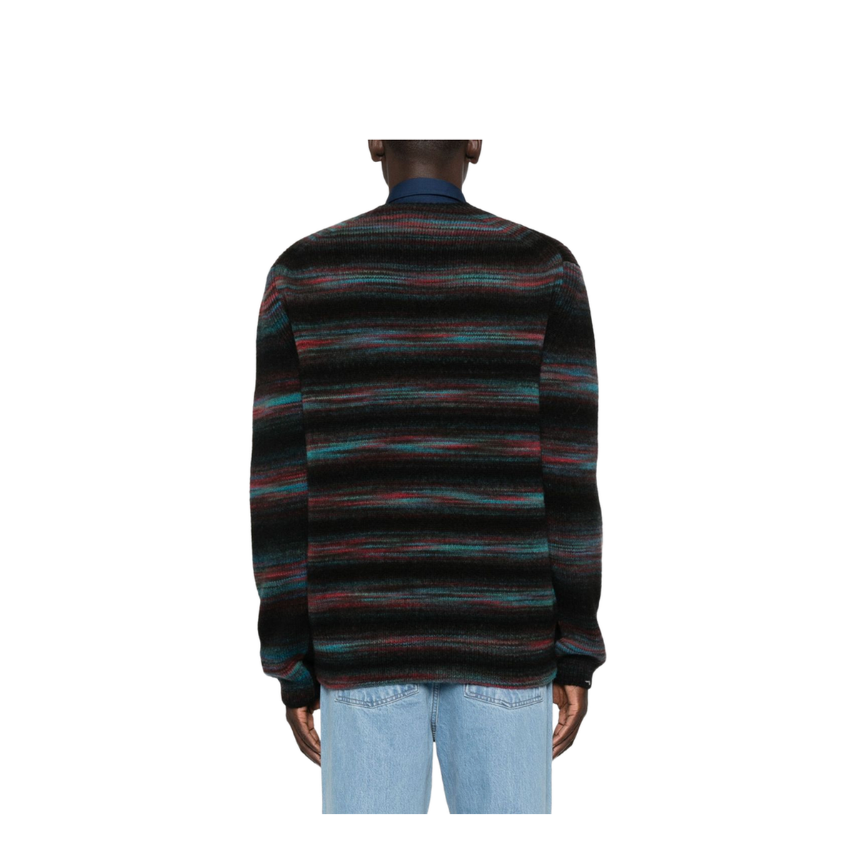 Black V-neck Sweater with Horizontal Stripes