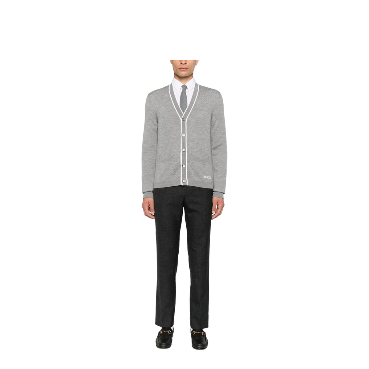 Fine Wool Knit Cardigan with Intarsia