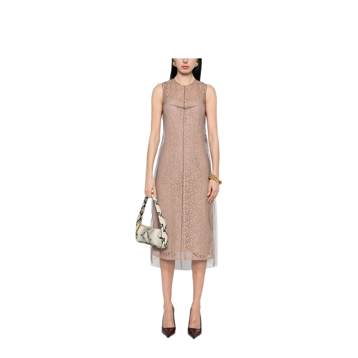 Concealed Rear Hook and Zip Fastening Internal Slip Dress with Tulle Overlay and Rear Slit
