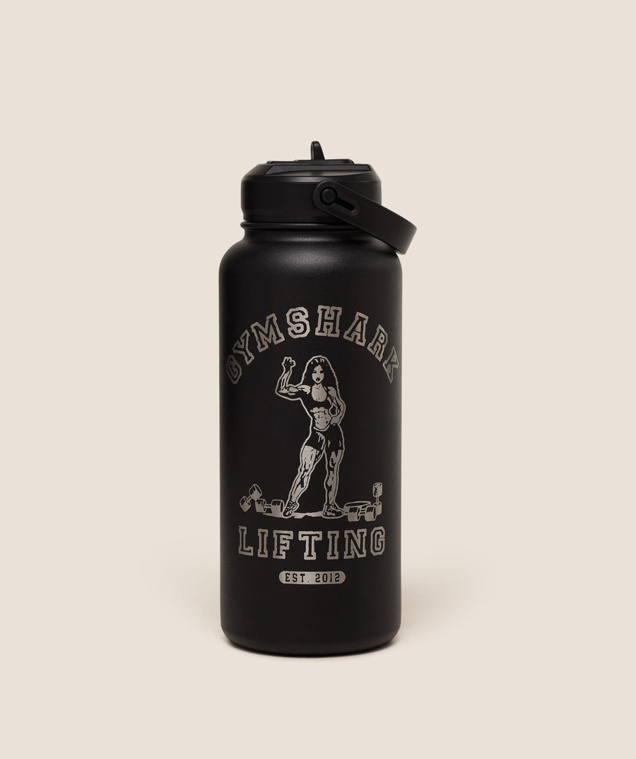 Gymshark Metal Insulated 1L Bottle with Straw - Strongwoman Graphic - Black