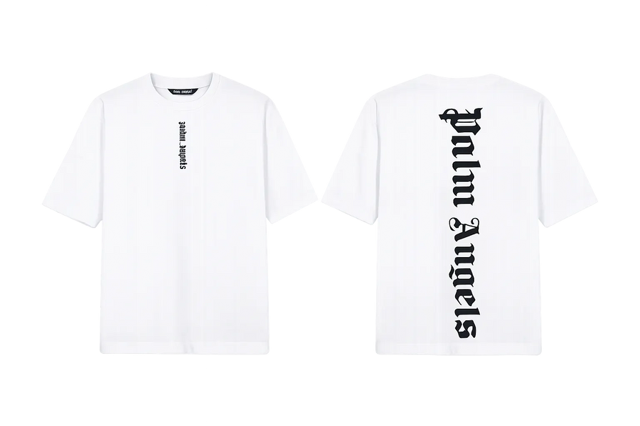 Palm Angels White T-Shirt featuring a large black gothic font logo